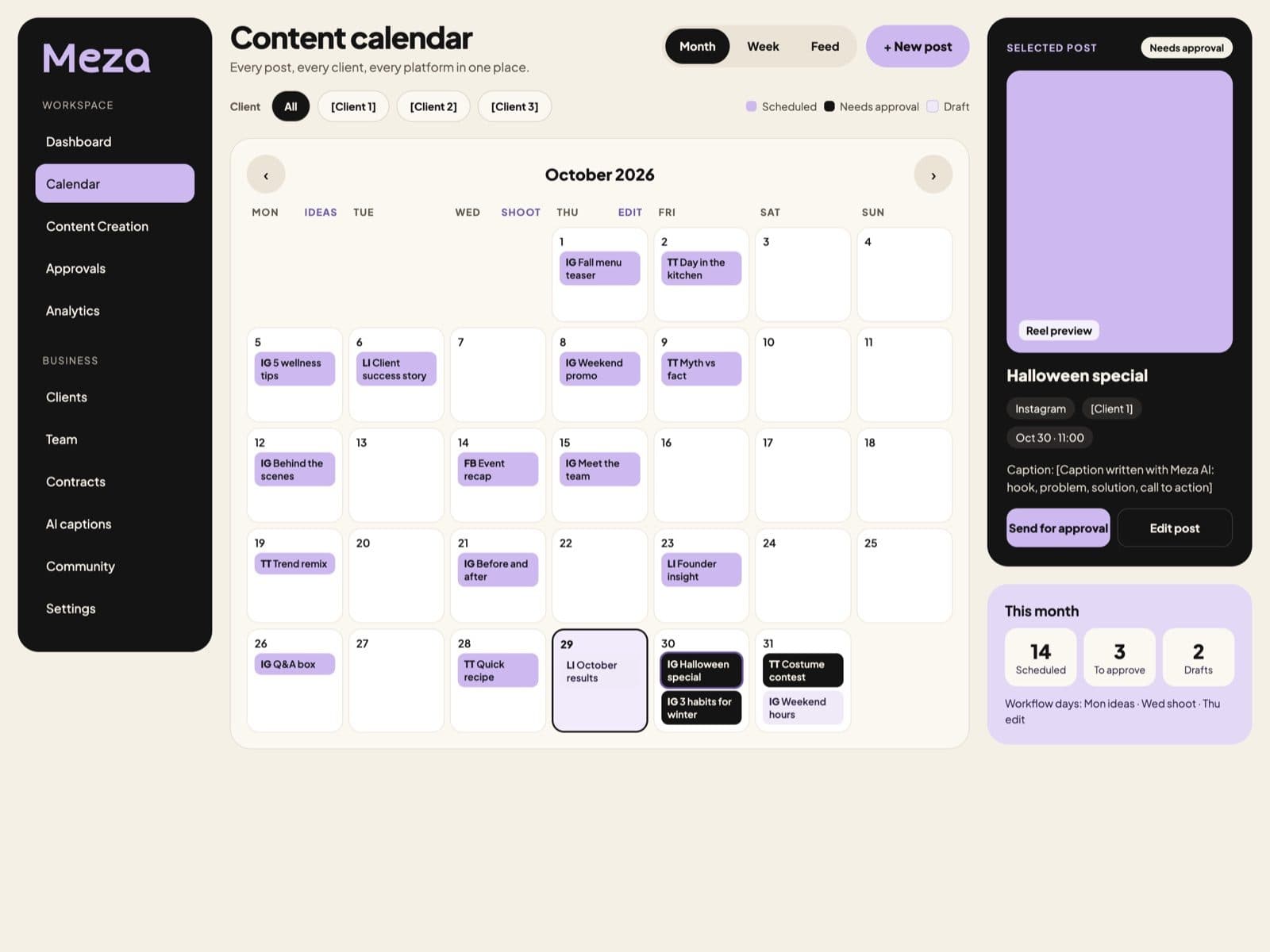 Monthly content calendar with posts colored by status