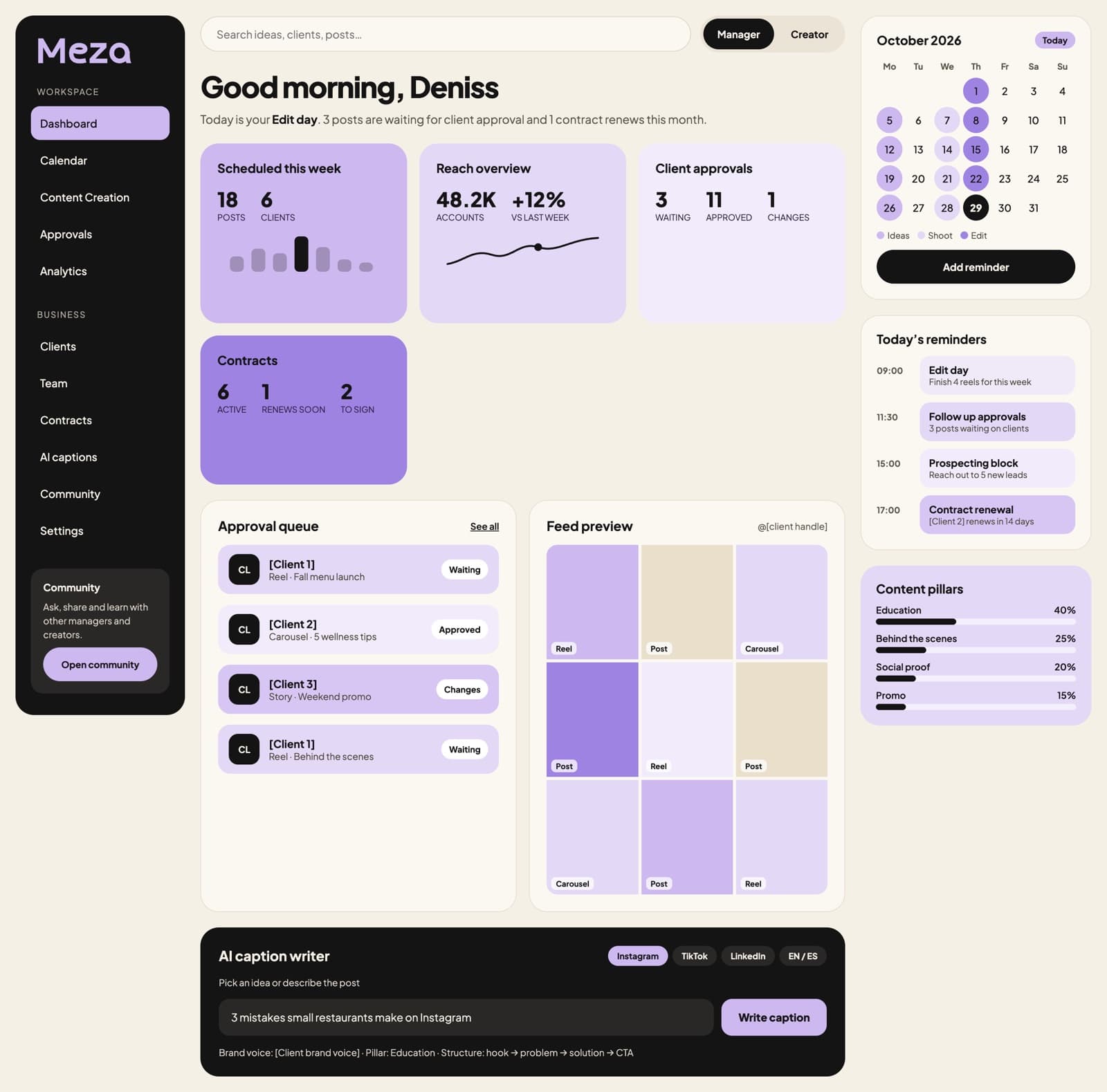 Meza dashboard with scheduled posts, client approvals, reach and today's reminders